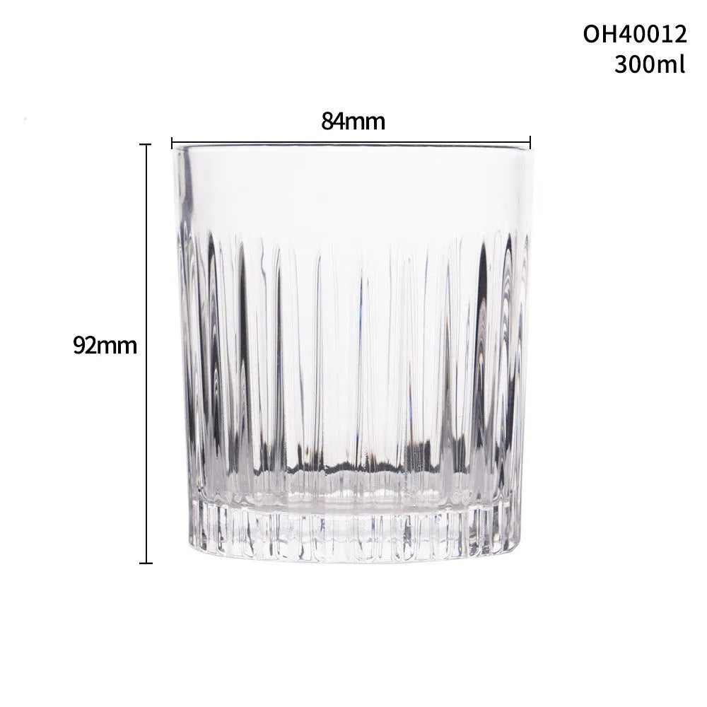 Whiskey shot glass with thick bottom, crystal clear, 350ml capacity, on wooden table