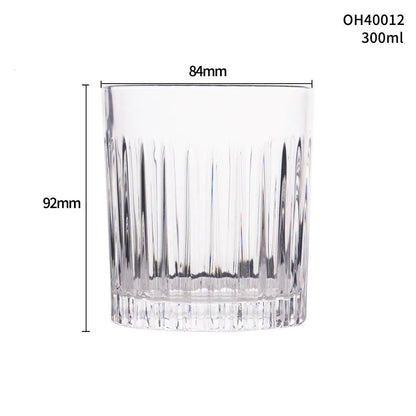 Whiskey shot glass with thick bottom, crystal clear, 350ml capacity, on wooden table