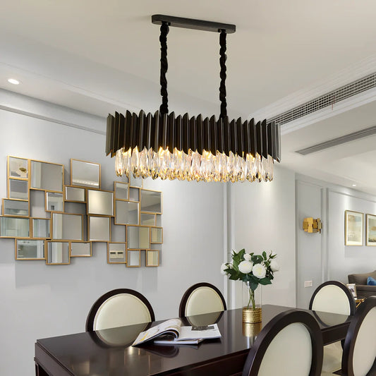 Black crystal living room chandelier with iron framework and K9 crystal elements in multiple size options