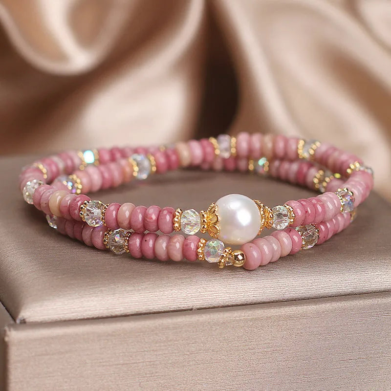 Natural colour hair crystal bracelet with red rhodochrosite double circle, pearl and chalcedony lotus seedpod pendant for women