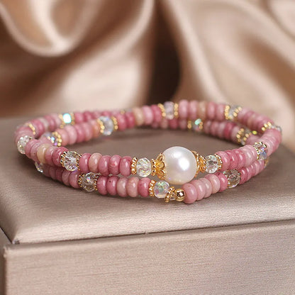 Natural colour hair crystal bracelet with red rhodochrosite double circle, pearl and chalcedony lotus seedpod pendant for women