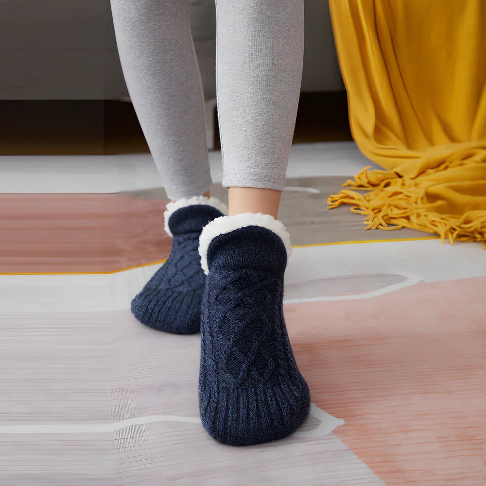 Winter woolen socks with V-opening design and anti-slip dots on soles in navy blue colour