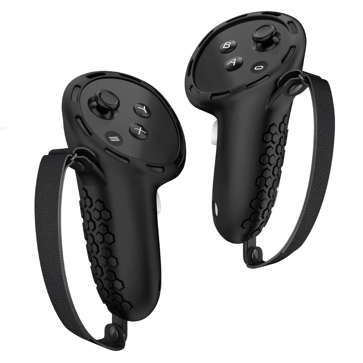 Meta Quest 3 VR controller with black silicone protective sleeve and wrist strap attached
