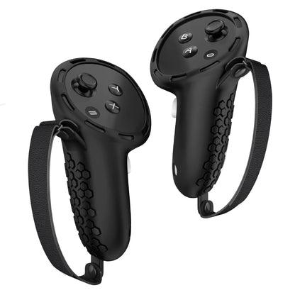 Meta Quest 3 VR controller with black silicone protective sleeve and wrist strap attached