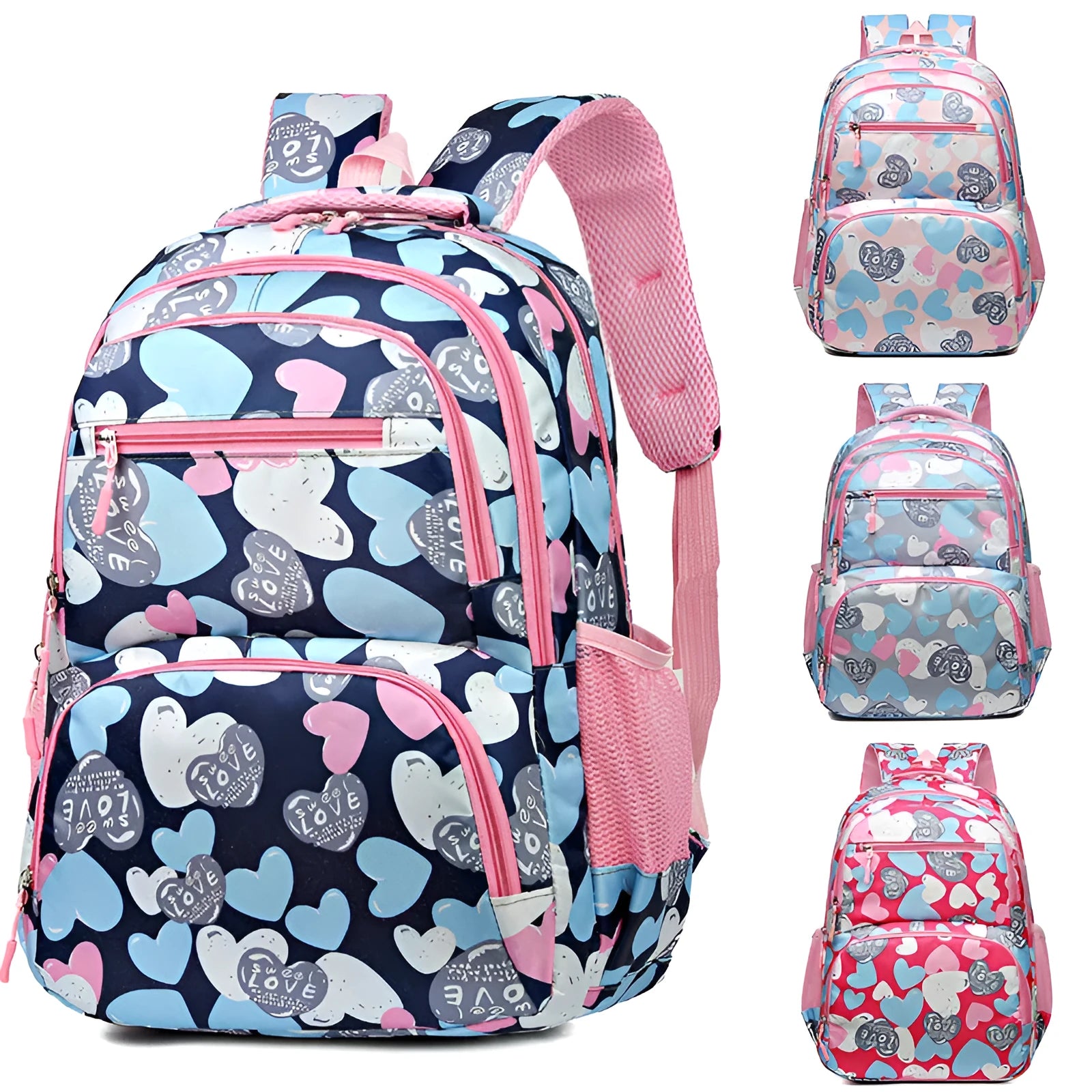 Student schoolbag with air pillow belt in blue, grey, pink, or rose red, made from Oxford cloth for burden reduction.