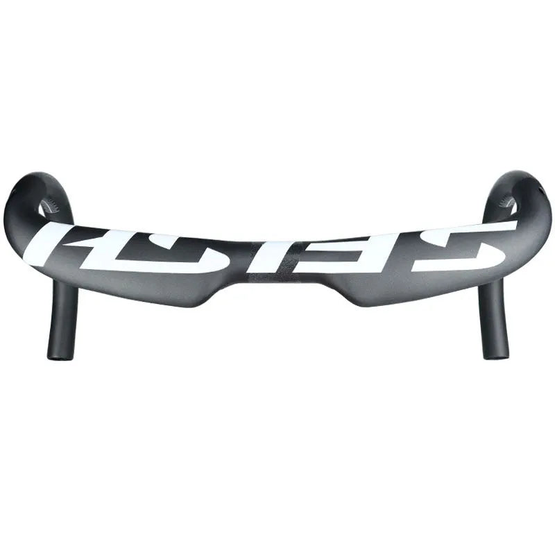 Carbon fibre road bicycle handlebar with ergonomic bent shape, shown in a choice of finishes.