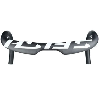 Carbon fibre road bicycle handlebar with ergonomic bent shape, shown in a choice of finishes.