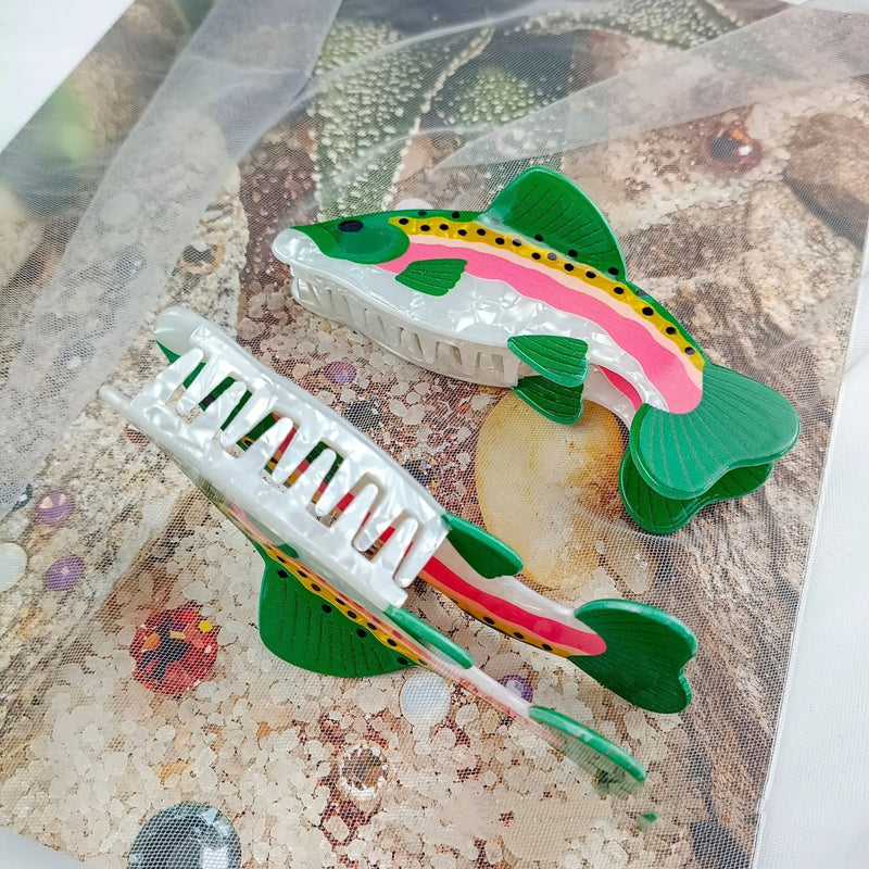 Hair clip with creative niche rainbow trout design for women made from dark green PVC material featuring detailed fish scale pattern printing and practical grip for everyday hair management