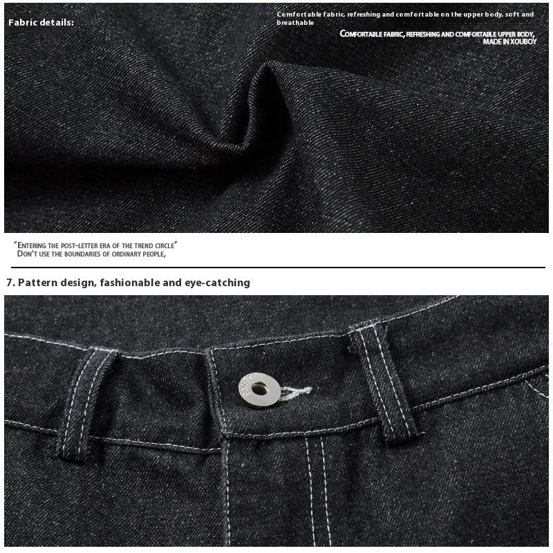 Black multi-pocket pleated workwear jeans with zip fly and straight leg cut