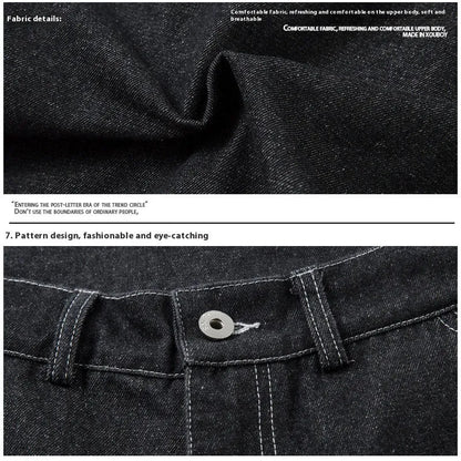 Black multi-pocket pleated workwear jeans with zip fly and straight leg cut