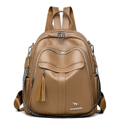 Genuine leather tassel backpack in khaki, black or brown with anti-theft pockets for casual travel