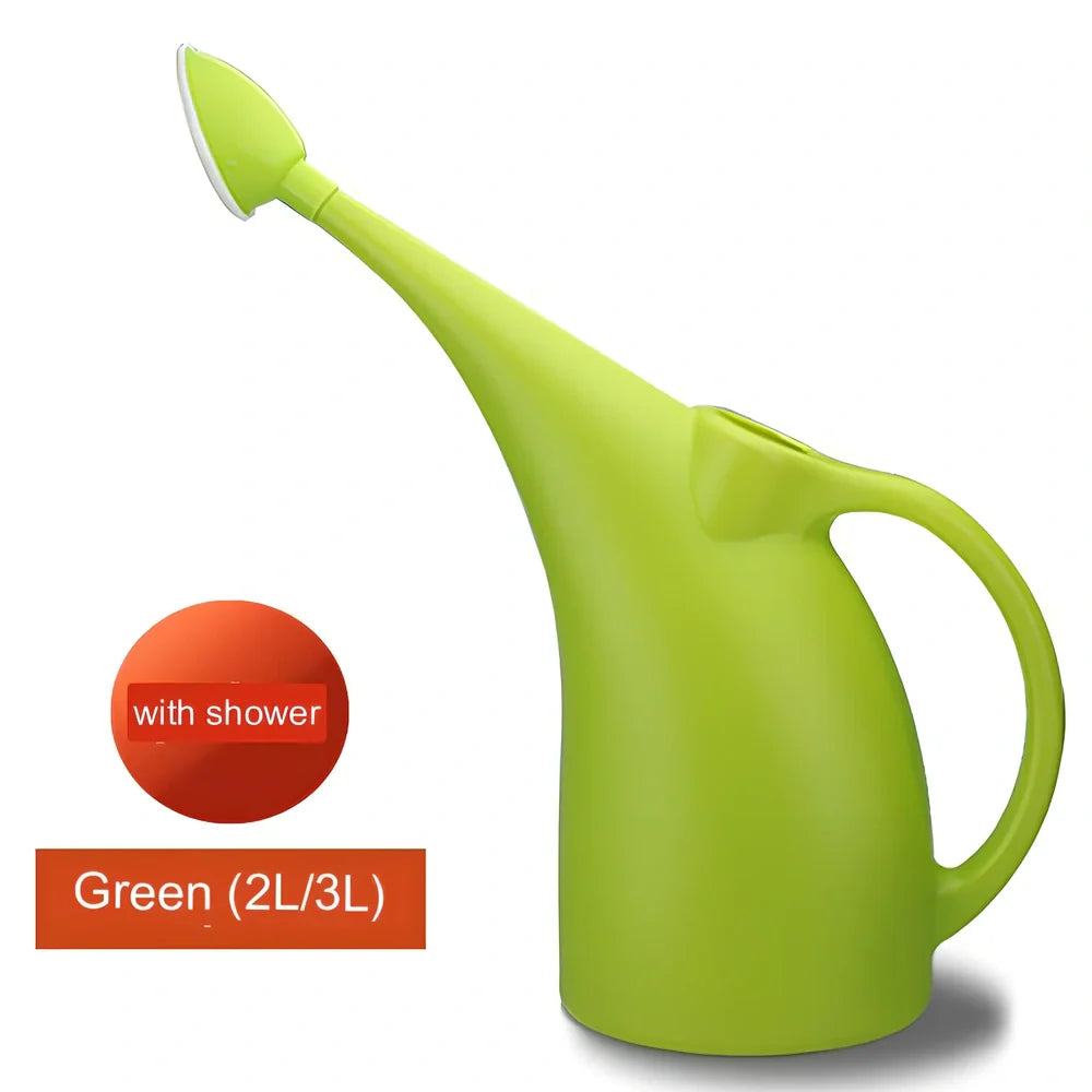 Green watering can with long spout showing measurements and shower head attachment for garden plants