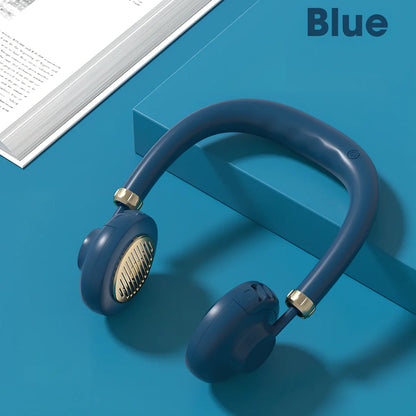 Navy blue hanging neck fan with bladeless design showing dual turbo fans and neck strap