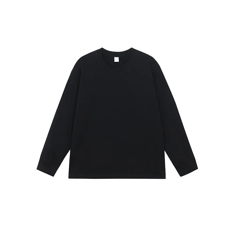 Men's simple solid colour pure cotton long sleeve t-shirt loose fit casual pullover in seven colour options including white, black, grey green, milk apricot, light apricot, dark grey and navy blue in sizes S, M, L, XL, XXL
