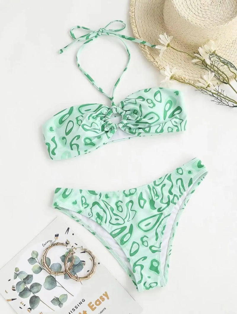 Bandeau bikini split swimsuit with floral pattern, made from high elasticity polyester fabric in blue or green colours, available in sizes S, M, and L, featuring backless design for European and American style casual surfing and swimming.