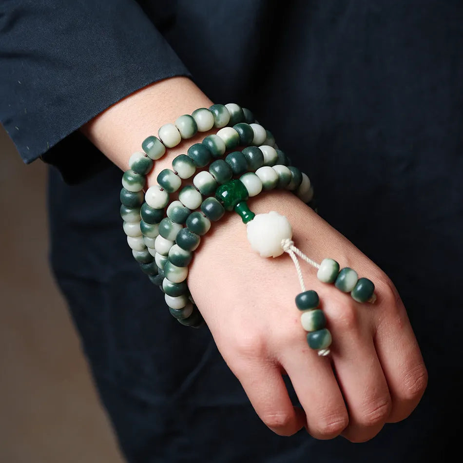 Lotus white jade bodhi beads bracelet with floating flowers landscape pattern on 8x10mm beads