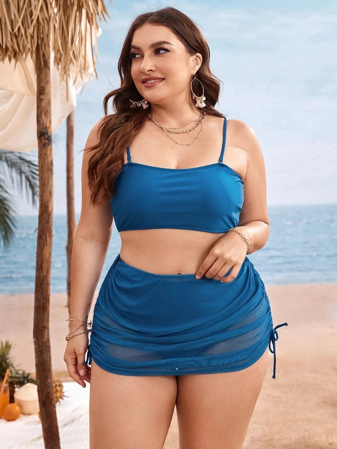 Women's solid colour mesh bikini three-piece set showing top, underwear and apron pieces