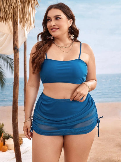 Women's solid colour mesh bikini three-piece set showing top, underwear and apron pieces