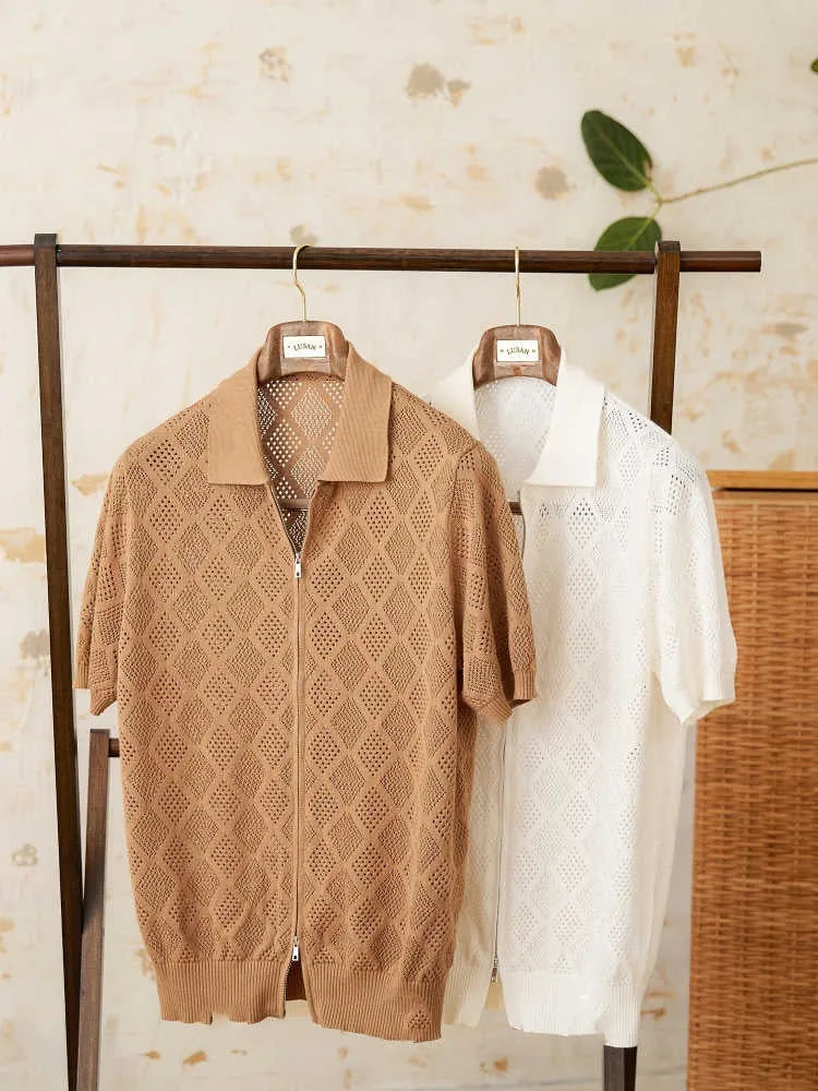 Cotton zipper hollow short sleeve lapel cardigan casual top in light brown colour on hanger
