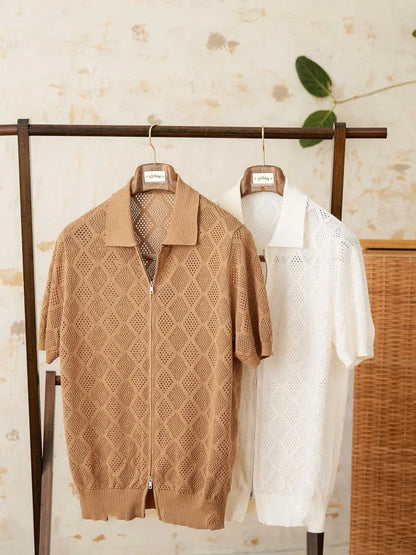 Cotton zipper hollow short sleeve lapel cardigan casual top in light brown colour on hanger
