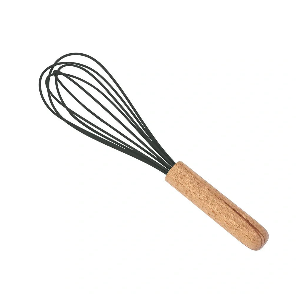 Wooden handle silicone cooking utensils set with 12 tools including spatula, whisk and food tongs in organiser barrel