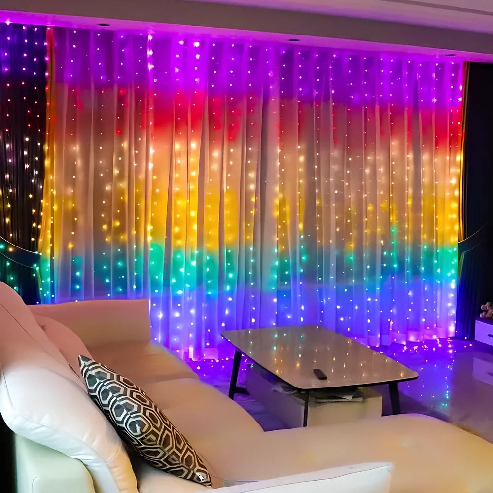 Programmable LED curtain light with Bluetooth app control showing 400 individual lights in curtain formation