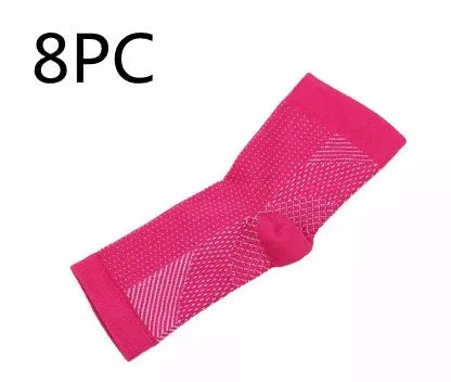 Anti-fatigue compression foot sleeves for men and women in black, red, and white