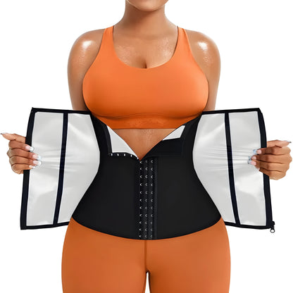 Neoprene abdominal support belt in blue and silver colours with adjustable fastening for waist shaping.