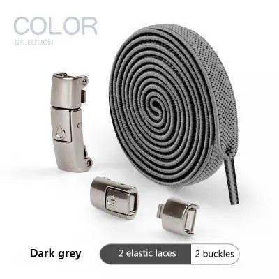 A pair of black widened flat elastic shoelaces with a silver press lock buckle on a white background.