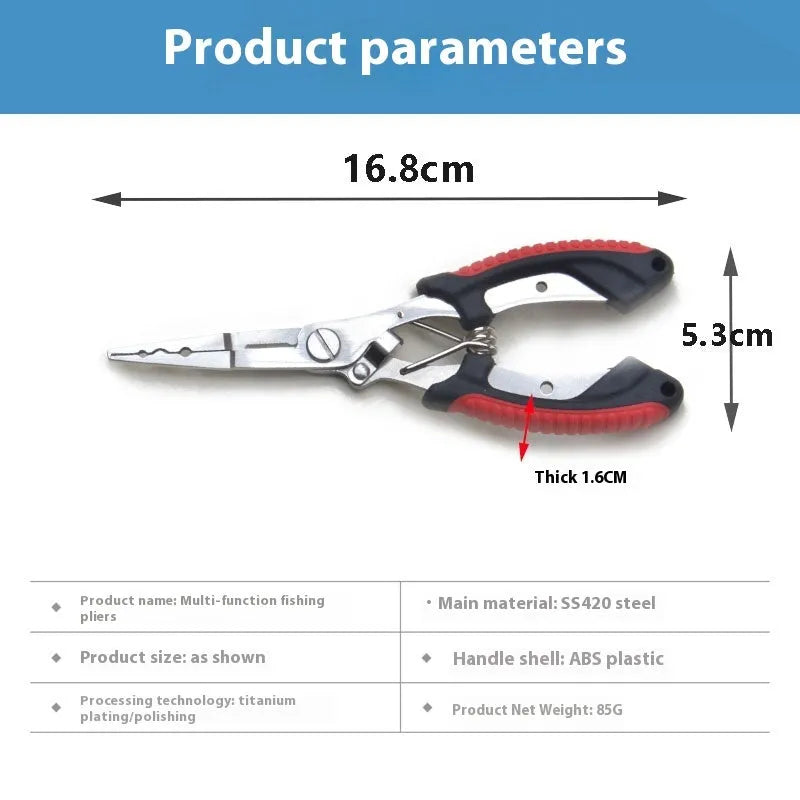 PE39 multifunctional fishing pliers with medium straight mouth and hook, showing colour handle options