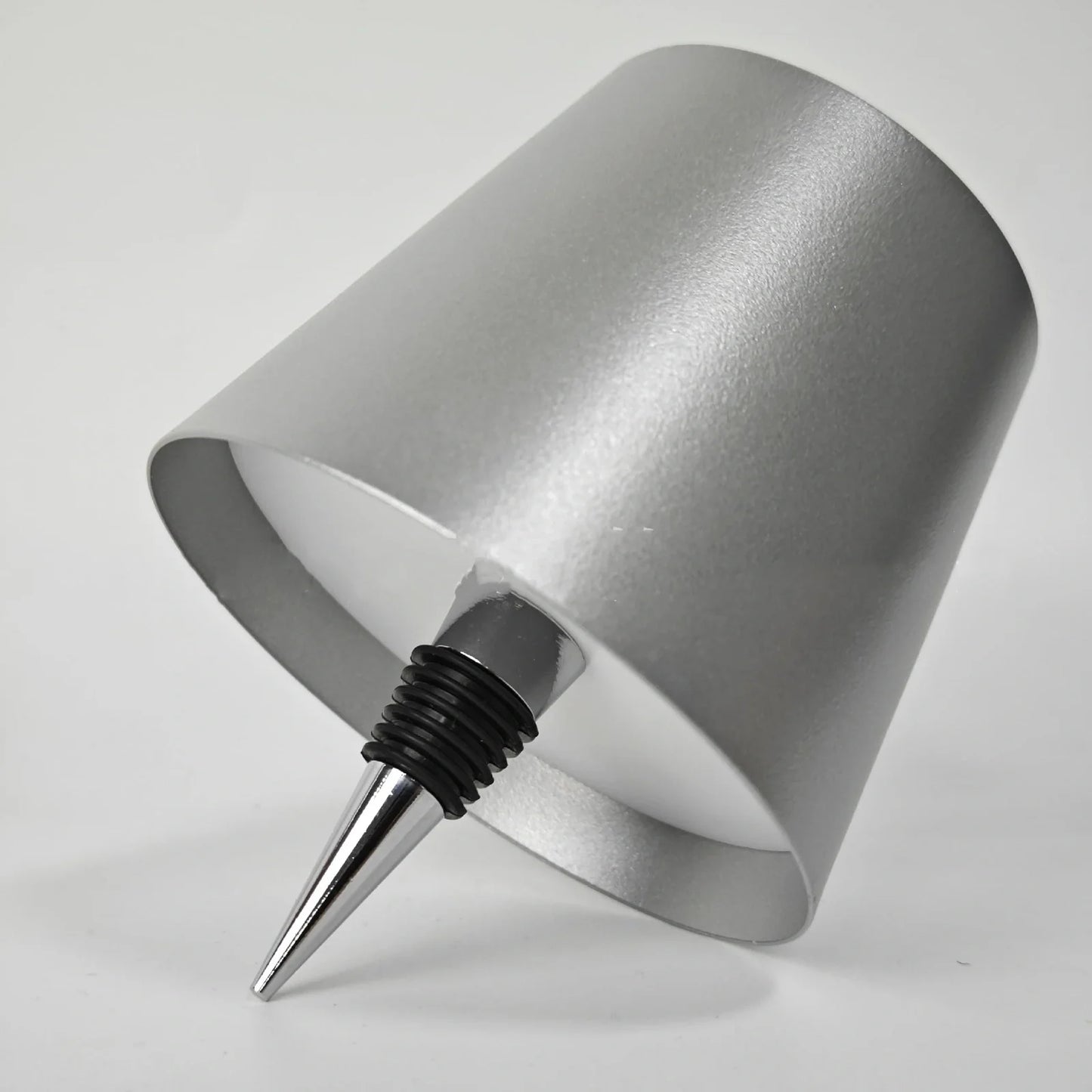 Wireless LED desk lamp with wine bottle design showing detachable components and touch control panel