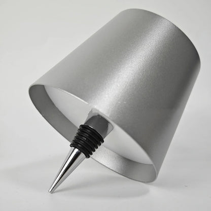 Wireless LED desk lamp with wine bottle design showing detachable components and touch control panel