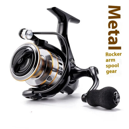 All-metal spinning fishing reel with EVA handle grip, shown in RY series sizes for fishing.