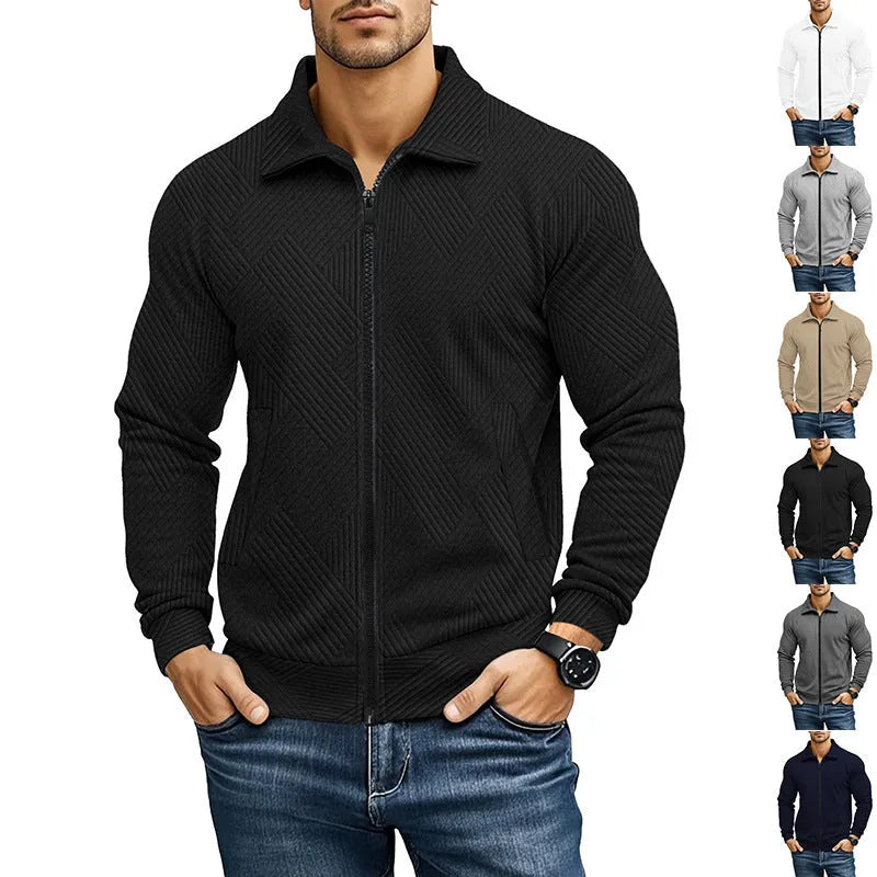 Men's casual waffle texture jacket with turn-down collar in solid colour