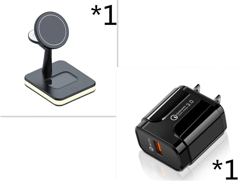 Black three-in-one wireless charger magnetic bracket on a desk charging multiple devices