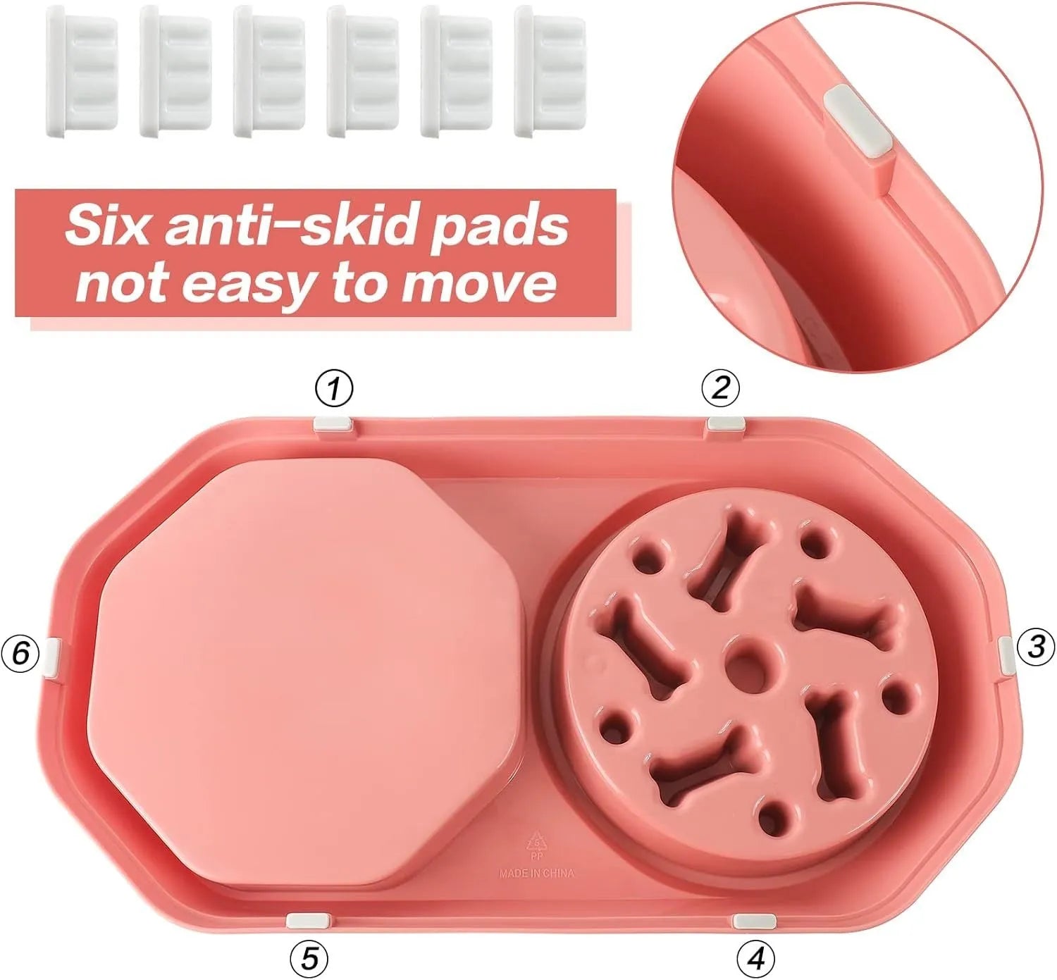 Blue interactive slow feeder dog bowl with maze pattern and non-slip base on a kitchen floor.