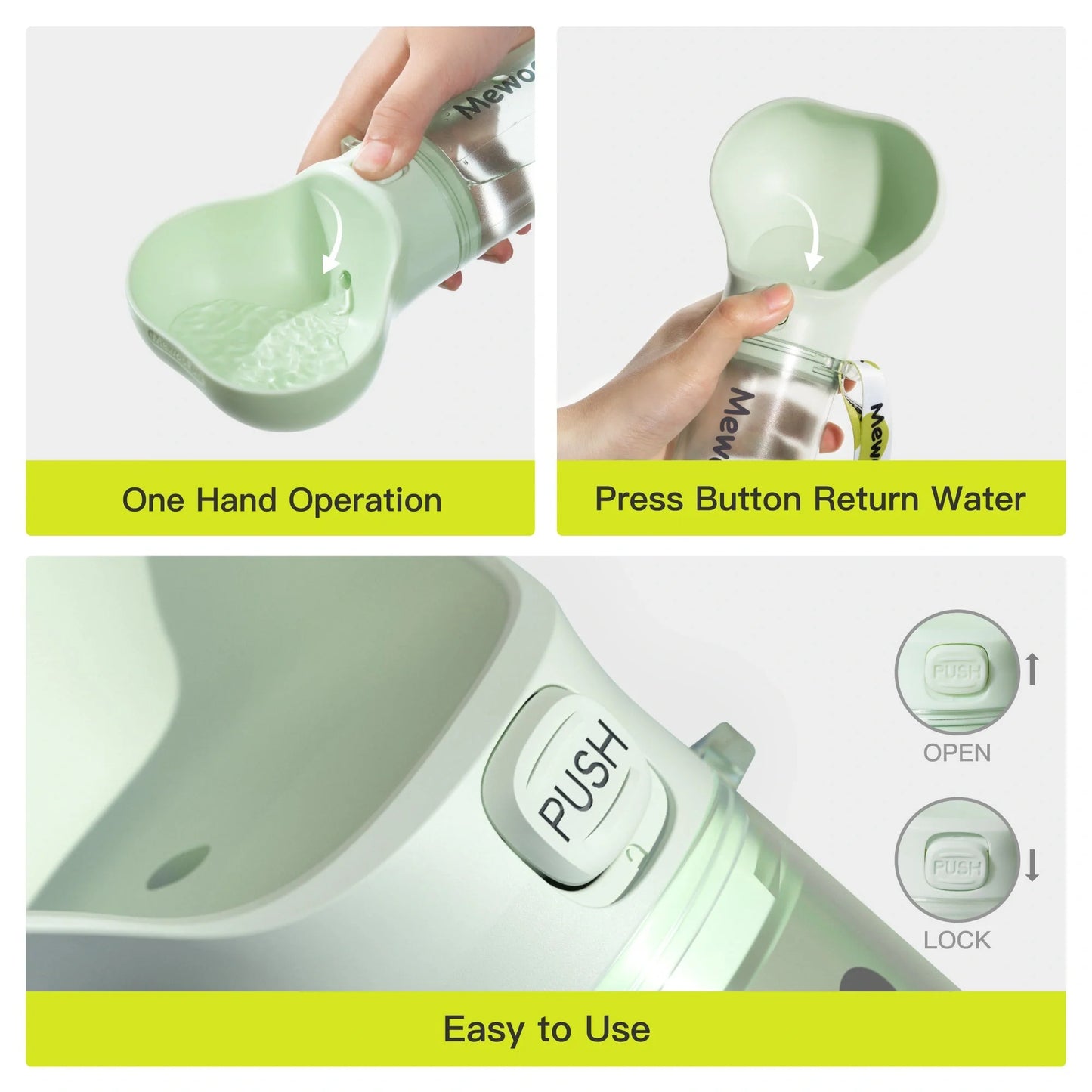 Mewoofun 2-in-1 leak-proof pet water bottle with bone-shaped design and poop bag storage