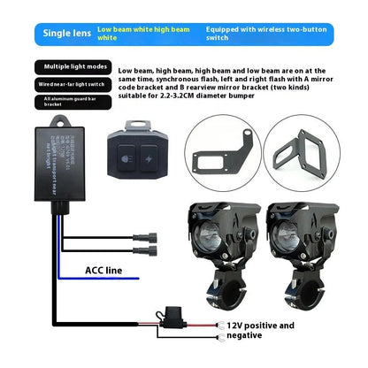 Motorcycle and car LED spotlight kit with integrated lens, wireless remote switch, and mounting brackets.
