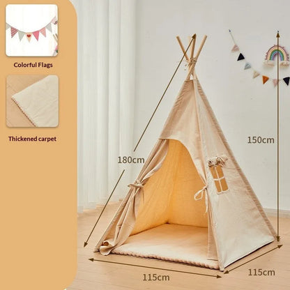 Beige indoor children's tent with cloth and wood construction, side door and hat style options for home play