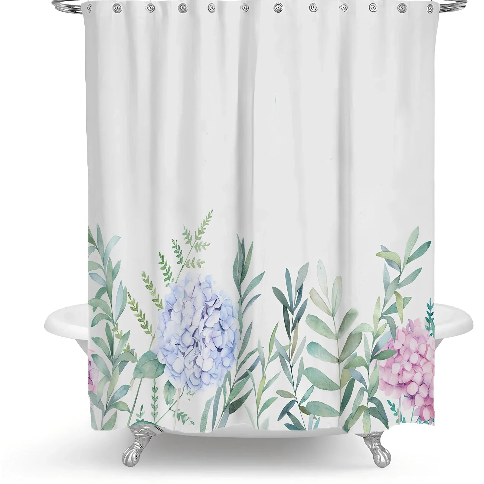 Floral plant shower curtain with Nordic Green Leaf pattern and colourful flowers on polyester fabric