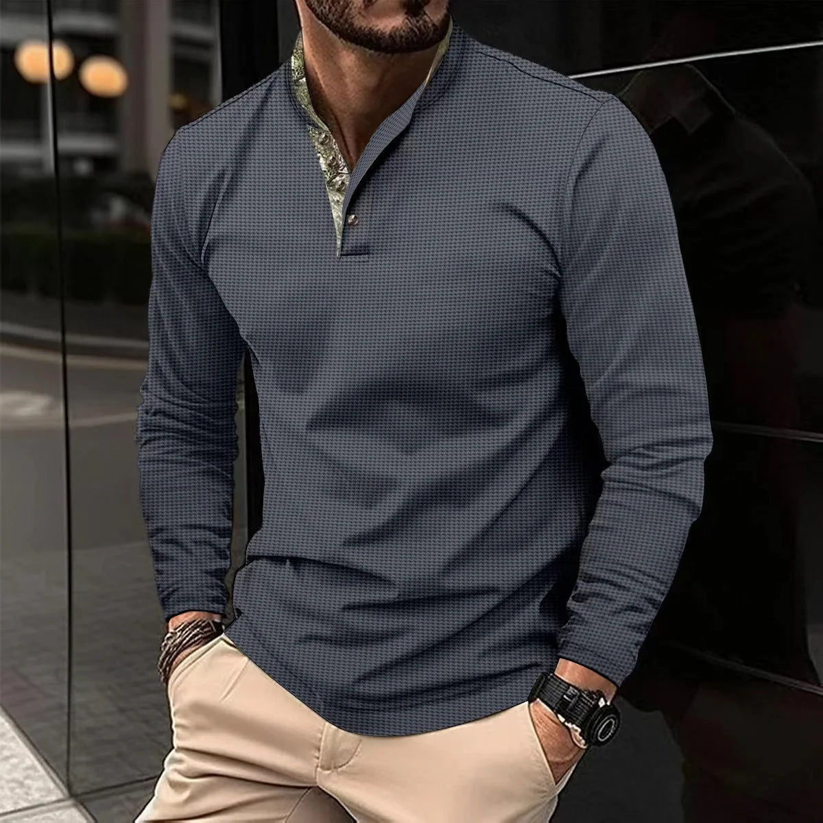 Premium long-sleeve polo shirt in various colors and sizes, featuring a unique double-layer lapel design and soft, breathable waffle fabric for a sophisticated, casual look.
