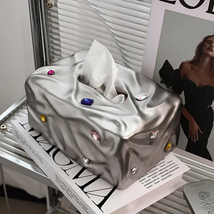 Ceramic tissue box with gem party design in matte white or silver finish