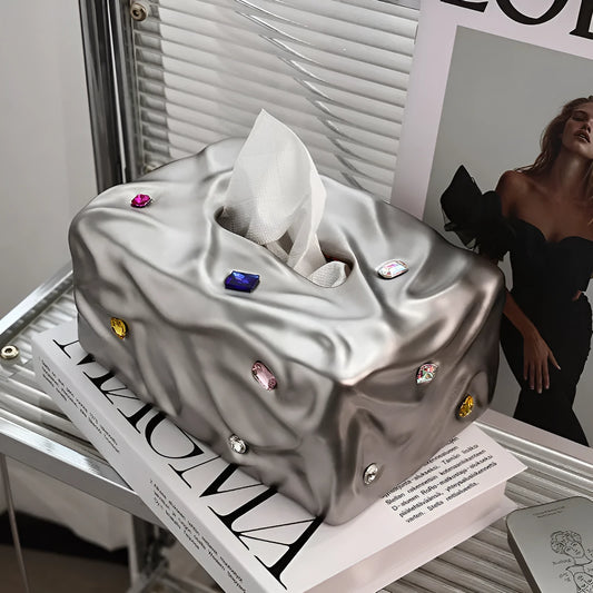 Ceramic tissue box with gem party design in matte white or silver finish
