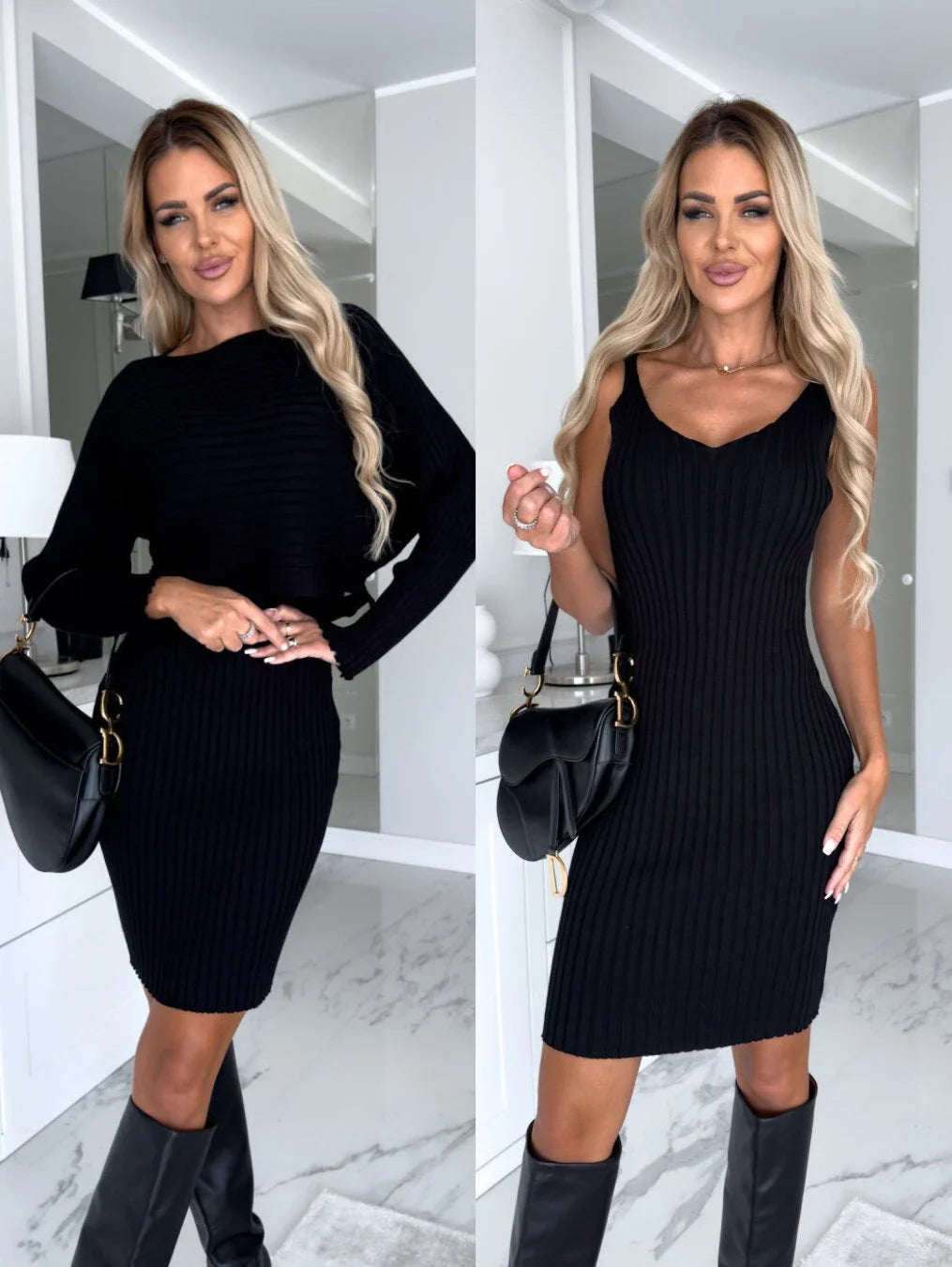 A stylish two-piece outfit featuring a long-sleeved striped top and a flattering suspender skirt in various colors