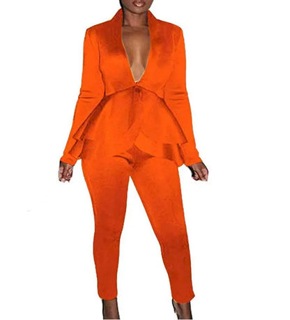 Ruffled shirt and pencil pants business casual wear set in polyester fabric