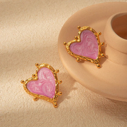Retro Love Heart Stainless Steel Ear Studs for Women in pink