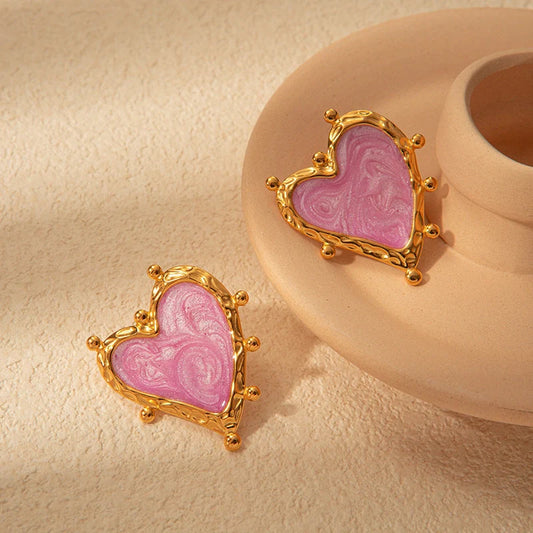 Retro Love Heart Stainless Steel Ear Studs for Women in pink