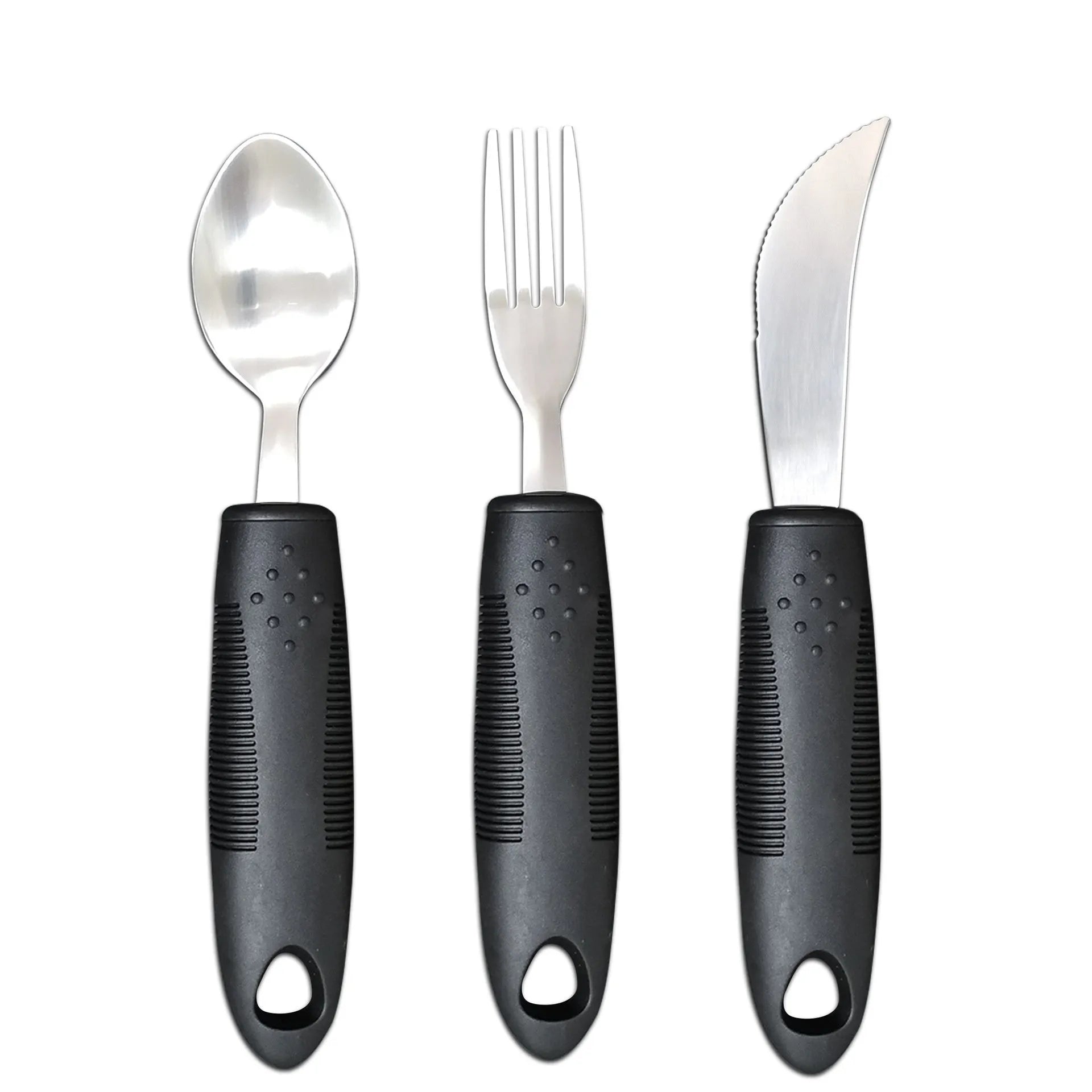 Stainless steel adaptive eating utensils with rubber handles and bendable components for elderly anti-shake support