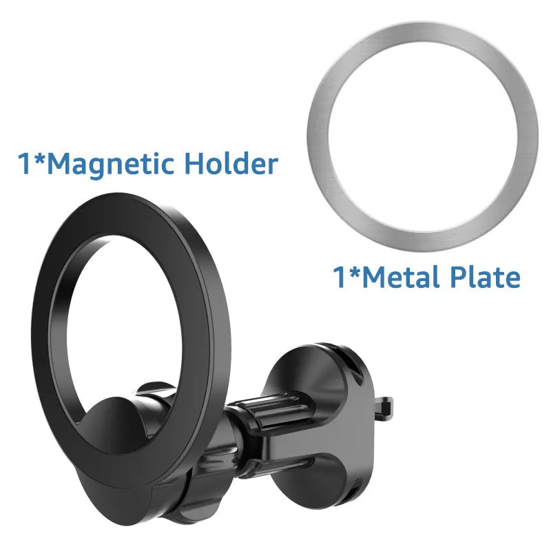 Black magnetic car phone holder clipped onto a car air vent, showing O-ring magnet and silicone grips.