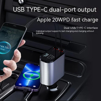 A sleek, metal 100W car charger with USB and Type-C ports for fast charging on the go
